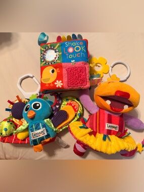 Lamaze Bright Multicolor Sensory Plush Toy Bundle with Crinkle Book